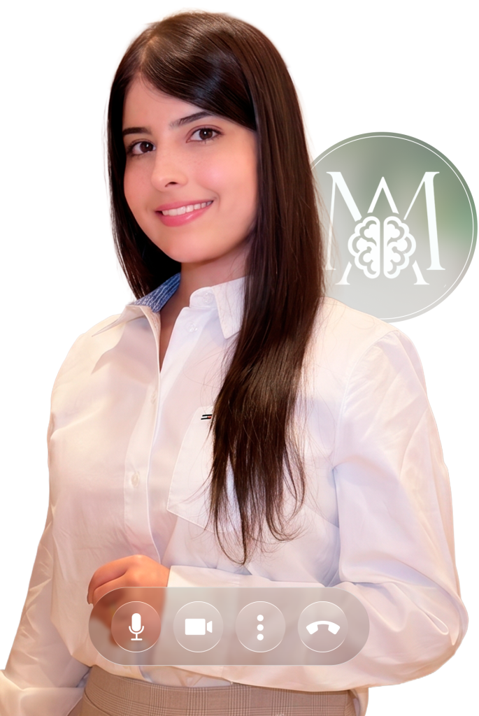 Dra. Maria Adélia, médica psiquiatra, em ambiente profissional acolhedor para atendimento online